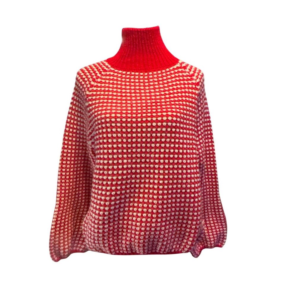 Handcrafted Red & White Knit Sweater With Balloon Sleeves & High Neck M NWT